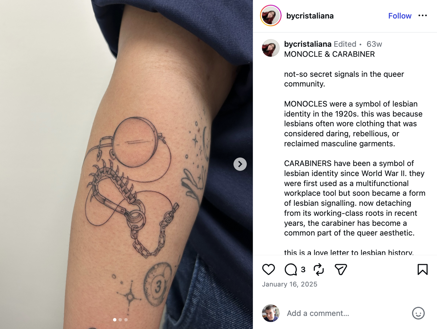 Tattoo of monocle and carabiner interwoven on upper lower arm as lesbian secret code, taken from Instagram